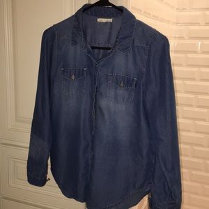 Dark wash jean button up long sleeve shirt